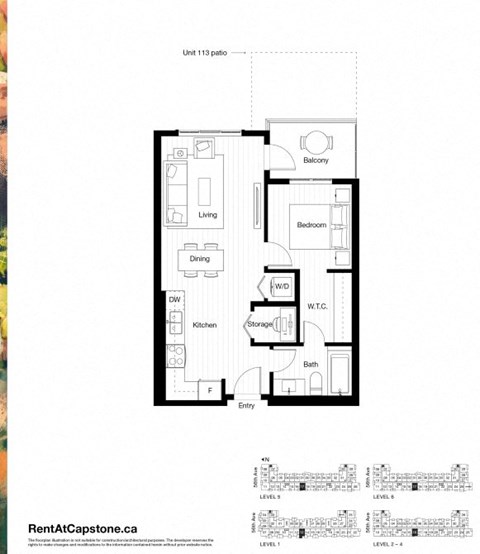 A floor plan for a unit at 113 patio shows a living room, dining room, kitchen, bedroom, storage, bathroom, and balcony.